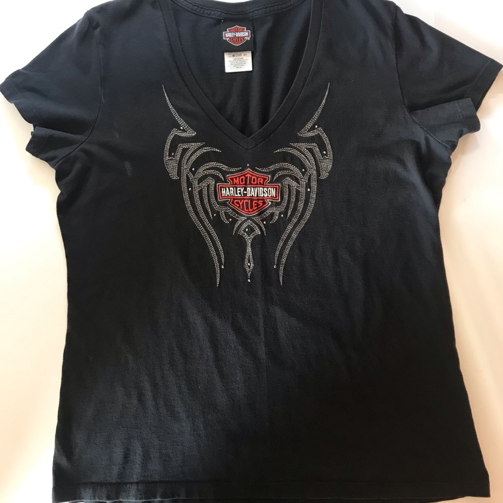 EUC Genuine Harley Davidson Black/Orange Embroidered with rhinestones T-shirt-XL